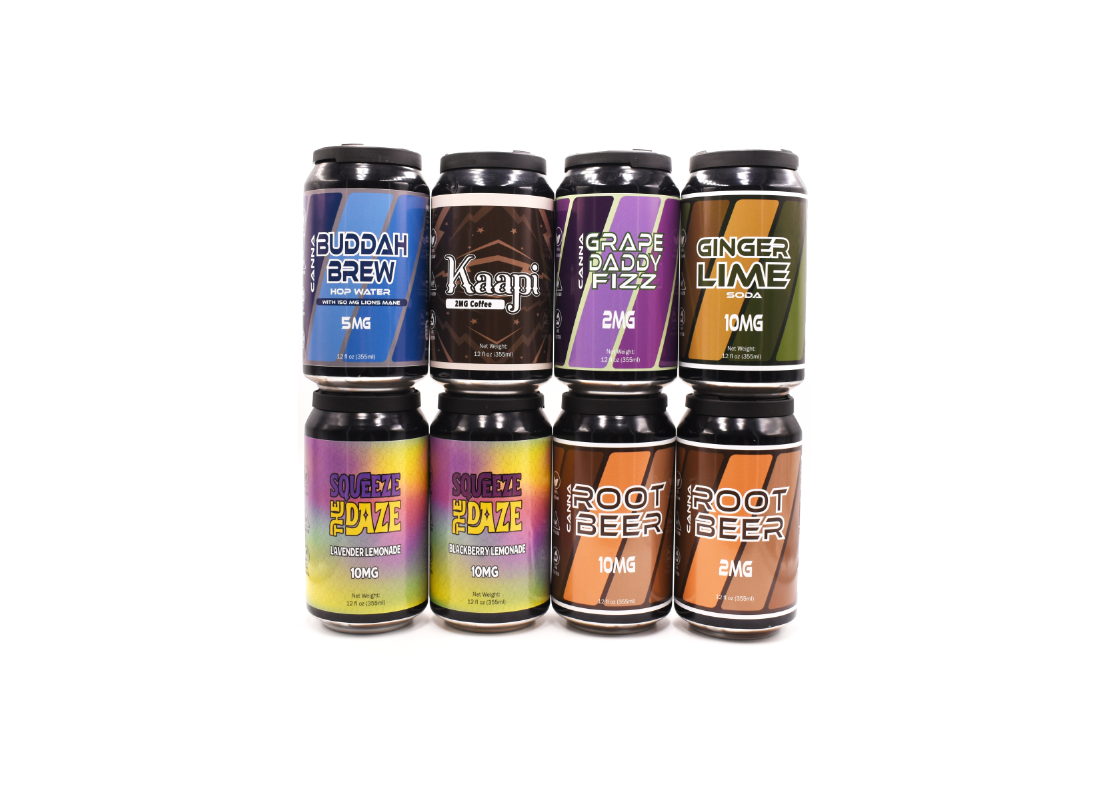 A can of Nova Hemp Root Beer with 2mg THC, featuring a leaf logo.