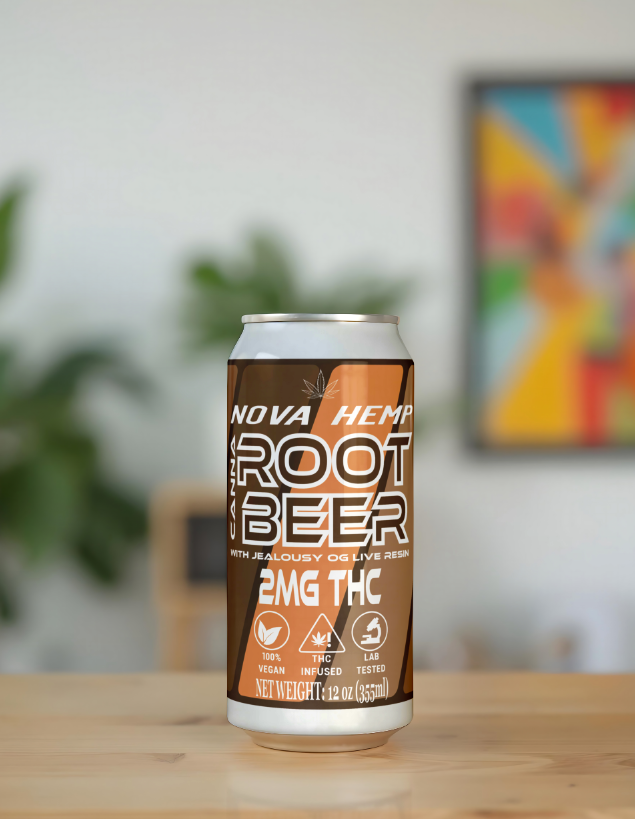 A can of Nova Hemp Root Beer with 2mg THC, featuring a leaf logo.