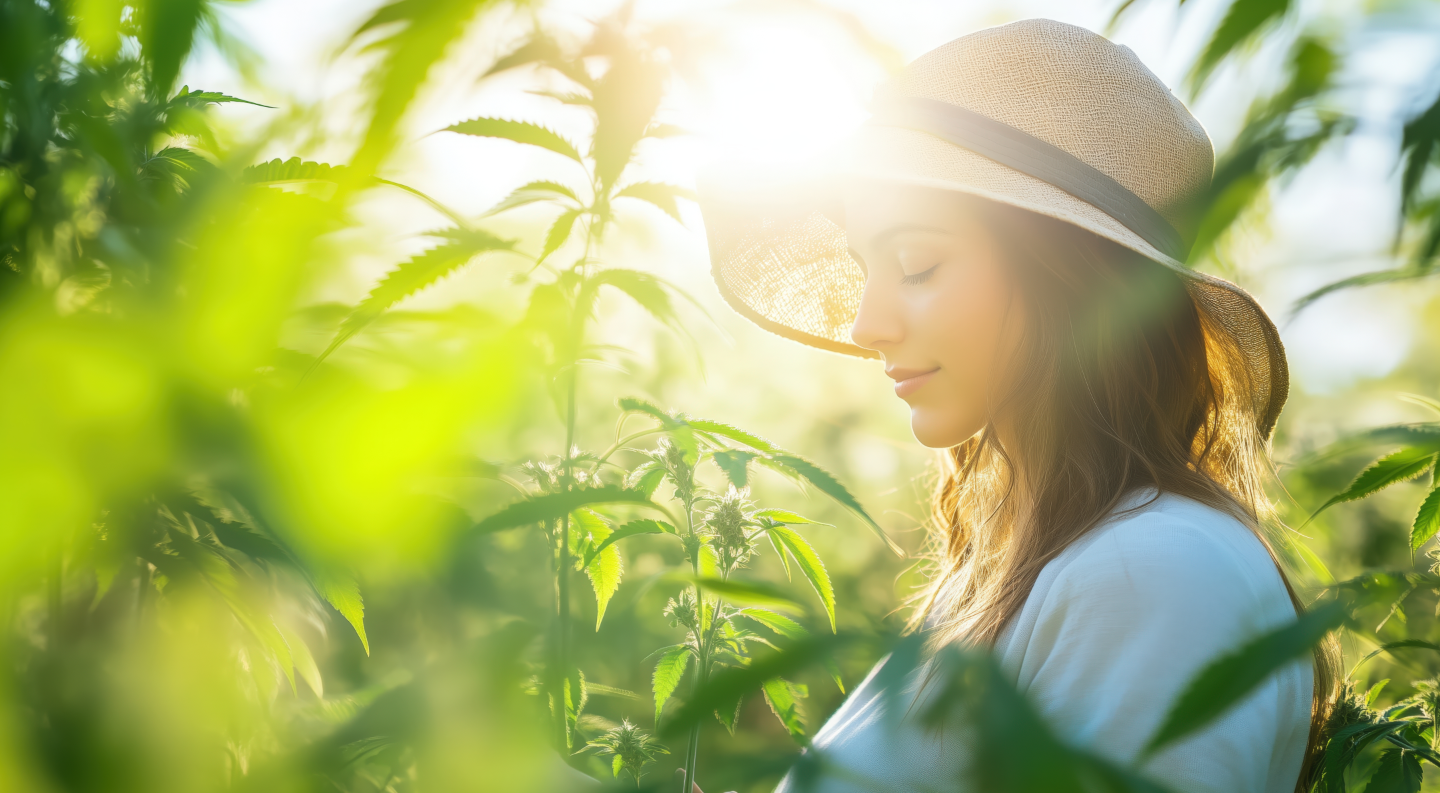 A young woman in a wide-brimmed hat gently touching a cannabis plant in a bright green field.