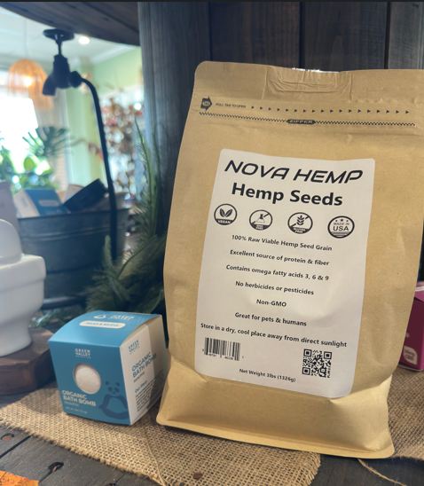 A bag of Nova Hemp seeds on a table
