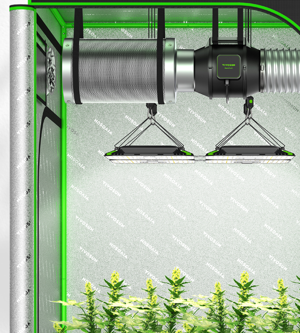 A grow tent featuring LED lights, an air filter, and healthy green plants. 