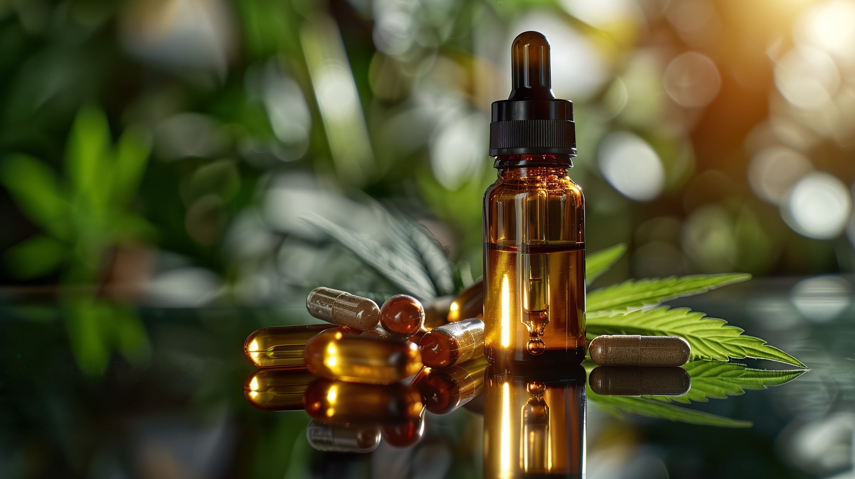 A brown dropper bottle with liquid, surrounded by capsules and green leaves. 