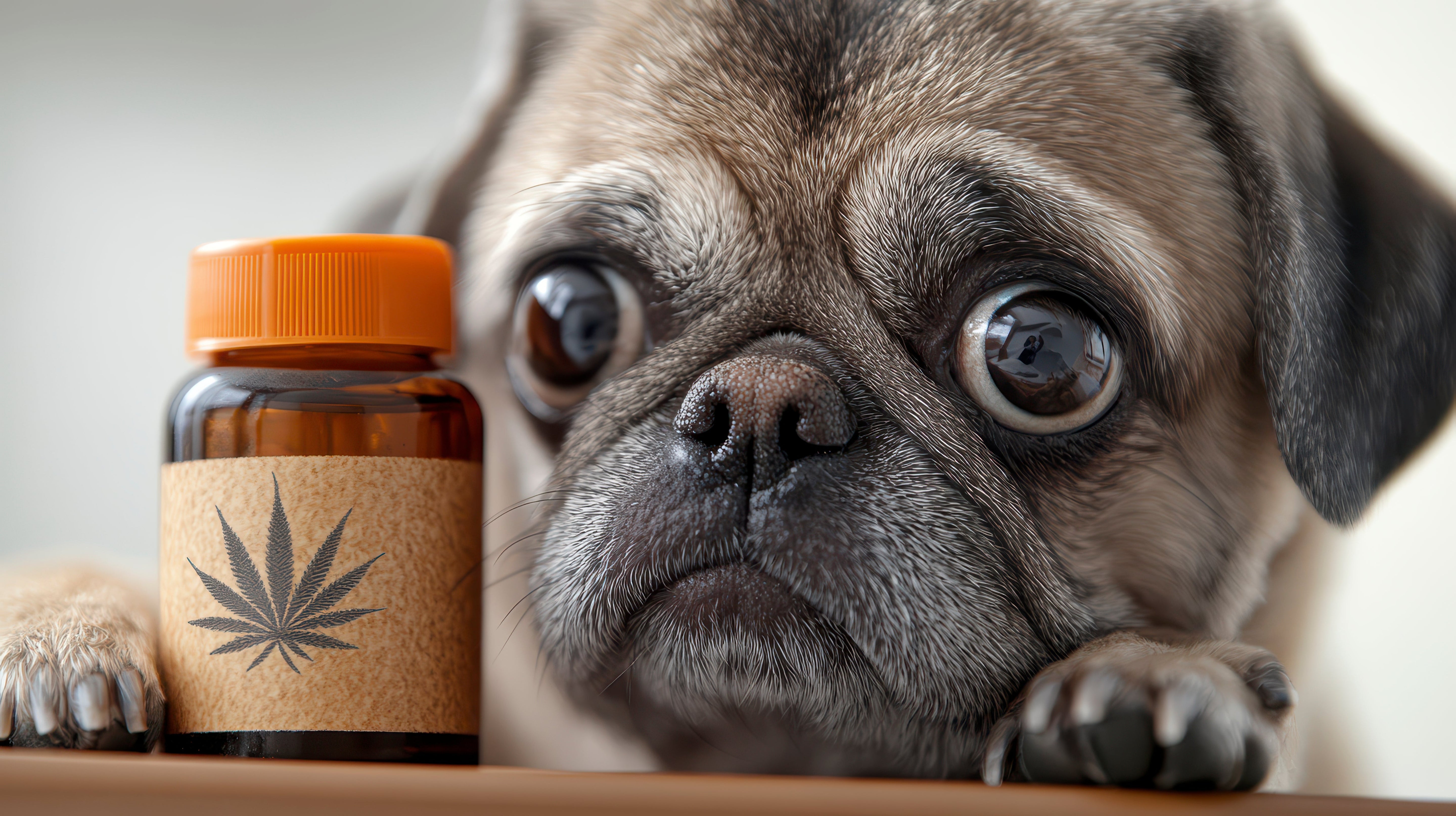 A close-up of a sad pug dog with large eyes next to a brown bottle labeled with a cannabis leaf. 