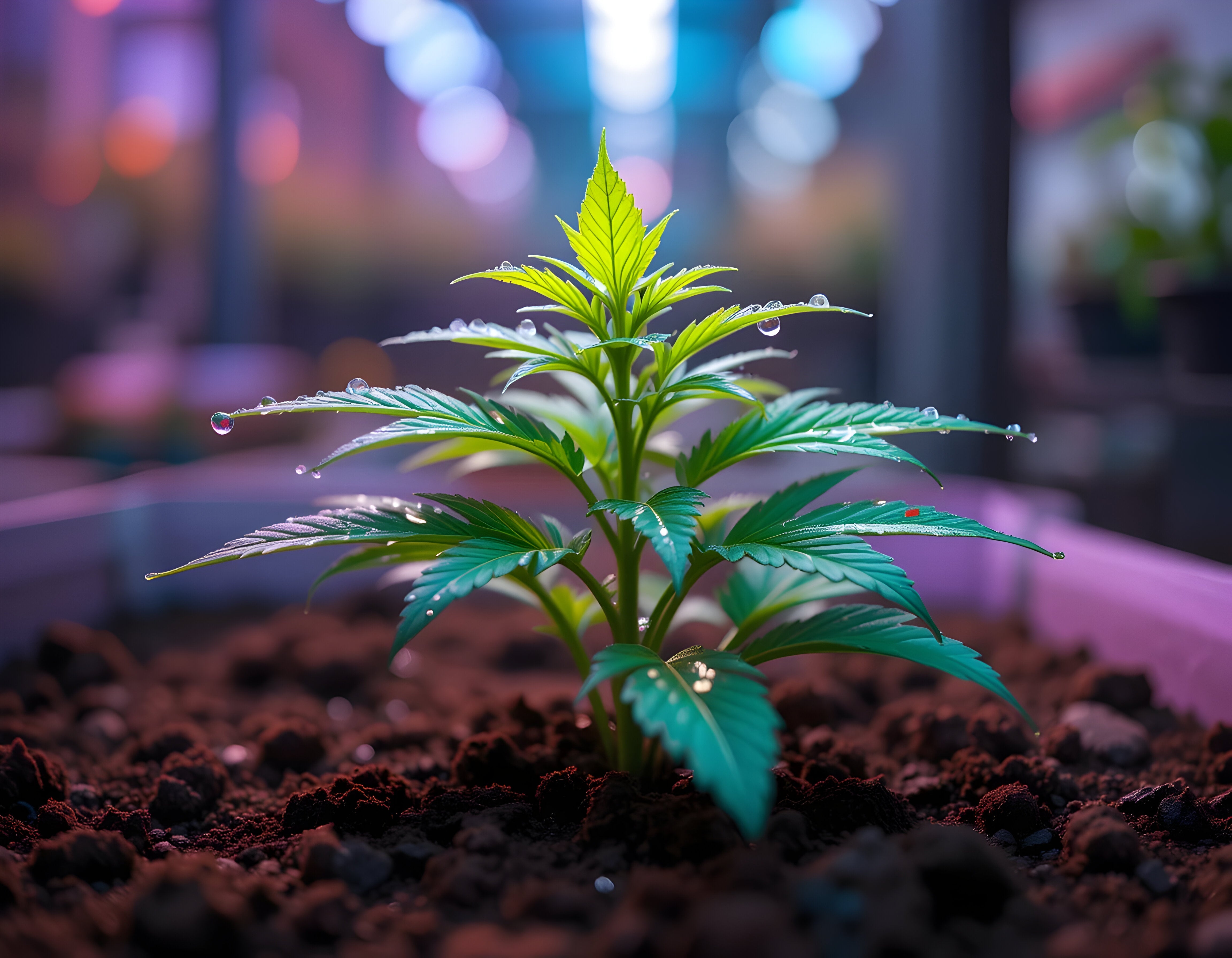 Close-up of a young green cannabis plant with water droplets on leaves, growing in dark soil.