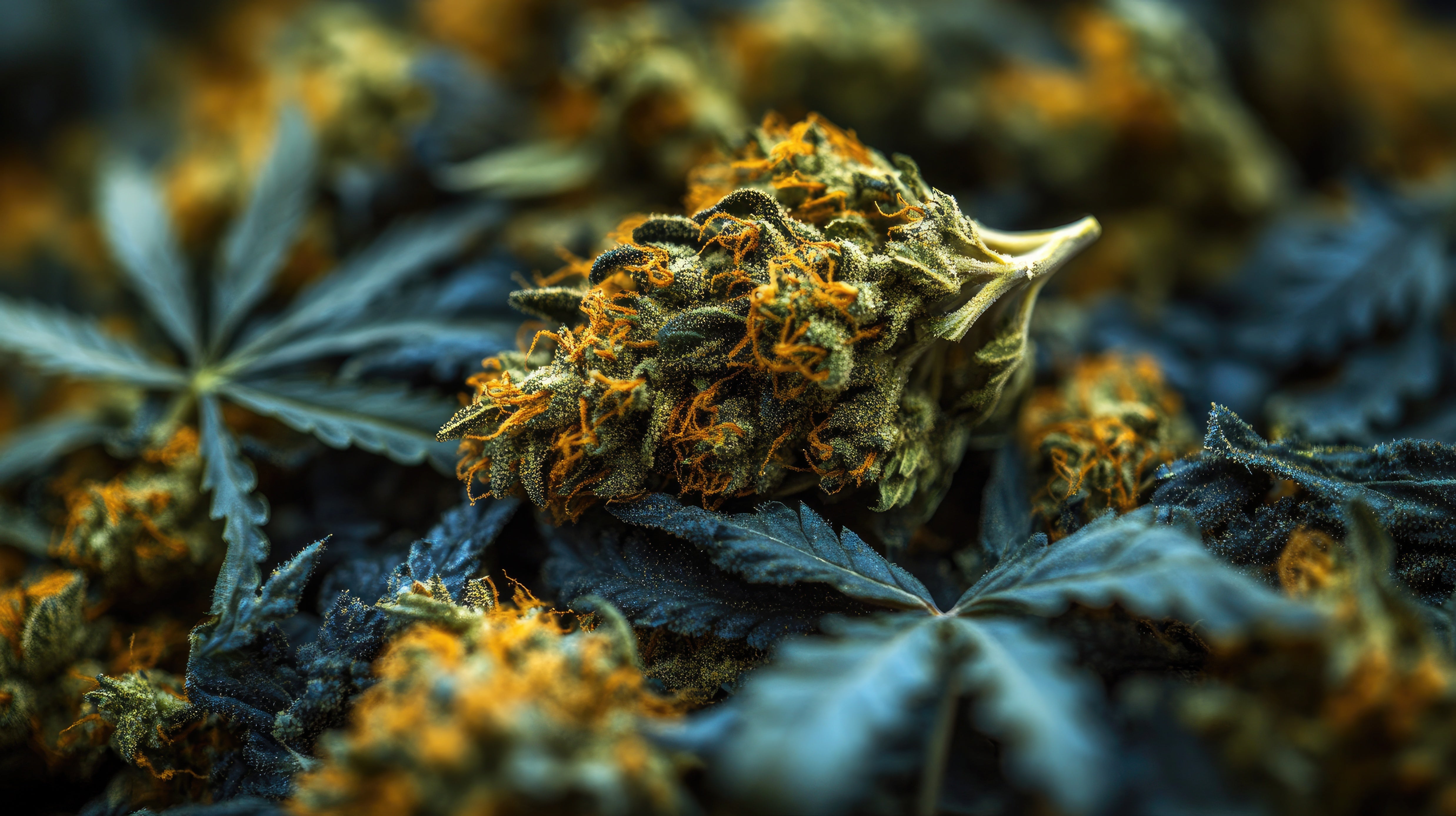 Close-up of cannabis buds with orange hairs and green leaves on a dark background. 