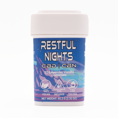 A container of Lavender Vanilla Restful nights gummies made by NOVA Hemp with CBD and CBN 