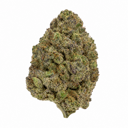 High-resolution product image of a Nova Hemp Blue Nerdz cannabis flower showcasing dense structure, frosty resin, purple highlights, and bright orange pistils against a white background.