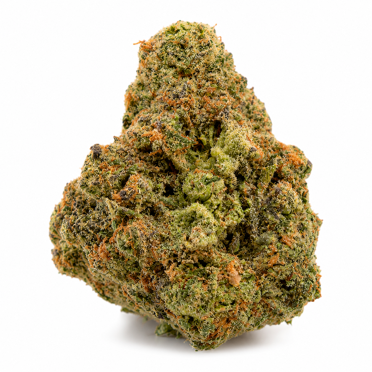 Trainwreck THCa cannabis flower with dense frosty green buds, bright orange pistils, and abundant trichomes on a white background.